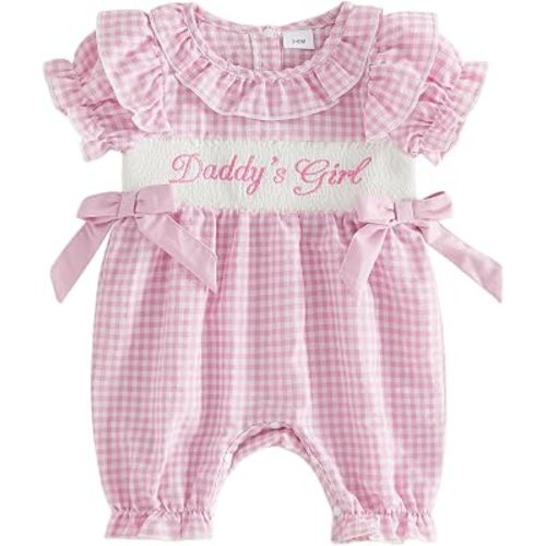 Gaono Newborn Baby Girl Plaid Romper Letter Embroidered Ruffled Short Sleeve Smocked Bubble Jumpsuit Inafnt Summer Clothes