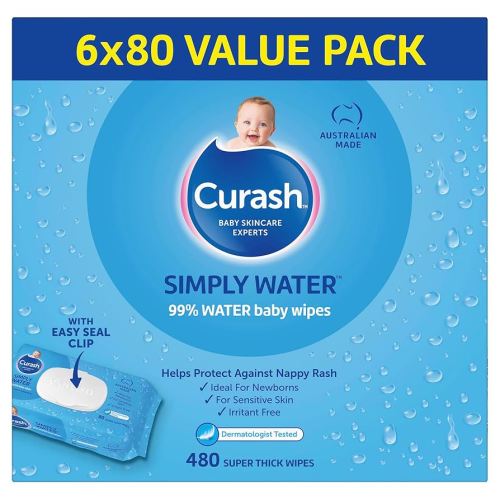 Curash Simply Water Baby Wipes, 6x80 Pack, Thick and Soft Texture, 99% Water With No Soap, Alcohol or Parabens, Suitable for Newborns, Everyday Cleansing and Nappy Changes, 480 Wipes
