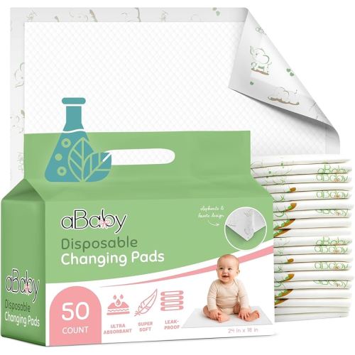 Disposable Changing Pads for Baby (50 Pack) Super Soft and Ultra Absorbent Baby Changing Pad - Leak Proof Diaper Changing Pads for Stress-Free Baby Diaper Changes - Green Elephant