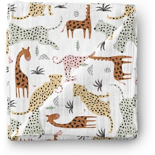 Aenne Baby Muslin Swaddle Blanket for Boys & Girls, Luxurious Soft, and Silky Stroller & Nursing Cover Quilt Wrap, Safari Animals Giraffe Cheetah Lion, Large 47"x 47", 1 Pack