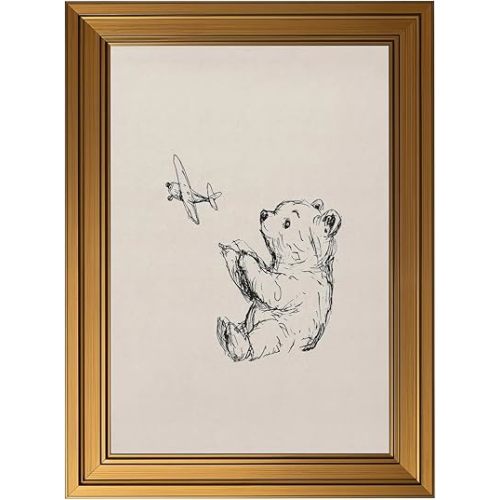 Vintage Gold Framed Sketch Nursery Teddy Bear Wall Art Cute Vintage Minimalist Teddy Bear Painting Picture Wall Decor Toy Airplane Poster Print Artwork for BabyRoom KidsRoom Home Decoration