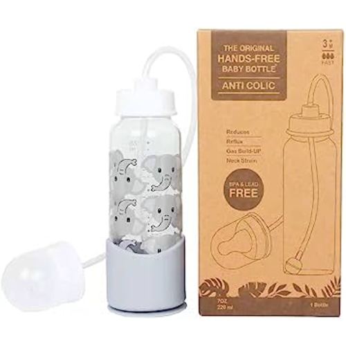 Hands-Free Baby Bottle - Anti-Colic Self Feeding System 7 oz Glass Bottle (1 Pack - Elephant)