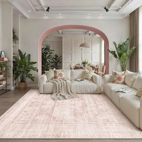 HUGEAR Retro 8x10 Washable Area Rugs Pink Nursery Living Room Bedroom Rug Vintage Distressed Throw Carpet Neutral Stain Resistant Non Slip Low Pile Playroom Kidsroom Home Aesthetic Decor