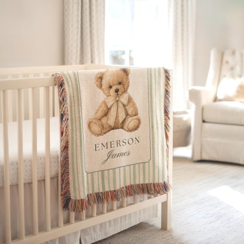 Custom Woven Teddy Bear Baby Blanket Striped Bear Blanket Personalized Bear Blanket Bear Nursery Blanket Newborn Custom Name Blanket for Boy