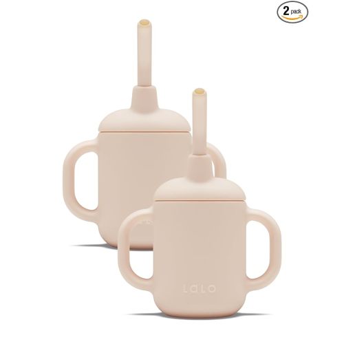 Lalo Little Cup 2-Pack, Non-Toxic Silicone Straw Cup with Handles - Baby and Toddler Sippy Cup - Mini Cup and Straw Training System, 4oz, Grapefruit