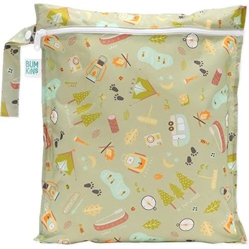 Bumkins Waterproof Wet Bag for Baby, Travel, Swim Suit, Cloth Diapers, Pump Parts, Pool, Beach, Gym Clothes, Toiletry, Hook to Stroller, Daycare, Zipper Reusable Wetdry Packing Pouch, Camp Gear Green