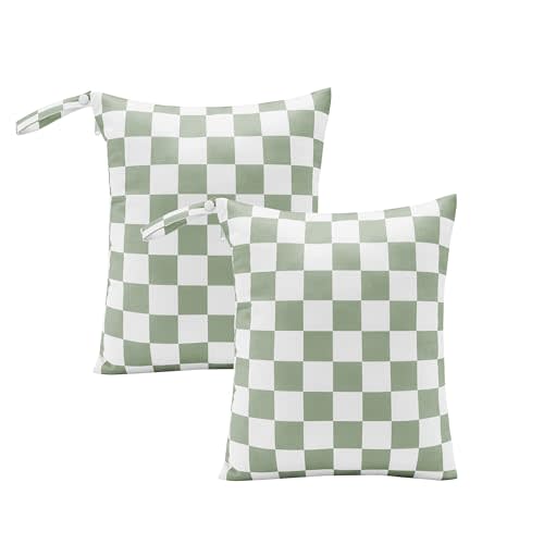 Ohocut Sage Green Checkered Waterproof Wet Dy Diaper Bag for Baby Essentials, Travel, Swimsuit, Beach Bag Accessories, Aesthetic Trendy Cute Toddler Baby Cloth Bag Pouch, Pack of 2