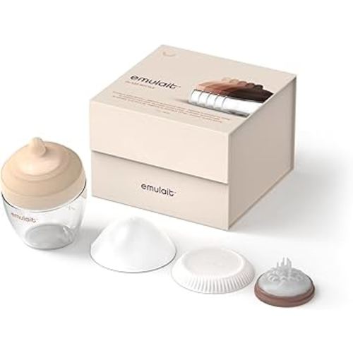 Emulait Glass Classic Baby Bottle for Newborns and Infants, Natural Breast-Like Shape 1, Color Fair, Anti-Colic Venting, Soft Silicone Nipple, Easy-Latch, Glass Nursing Bottle for Feeding, 8oz