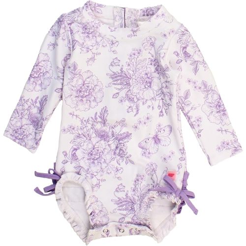 RuffleButts Baby Girls UPF 50+ Sun Protection Floral Printed Long Sleeve One Piece Rash Guard Swimsuit with Zipper