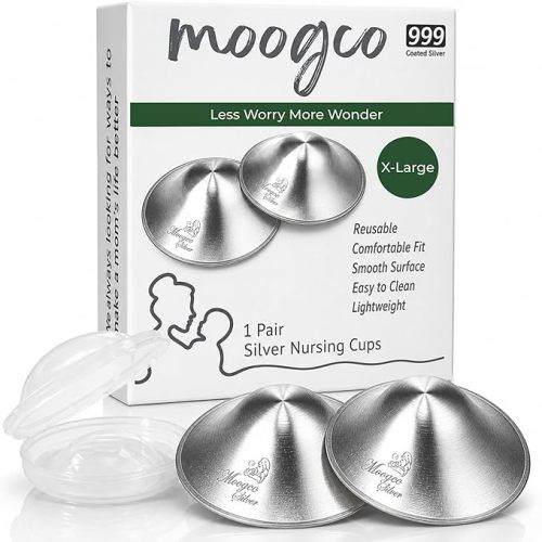 MOOGCO The Original Silver Nursing Cups - Nipple Shields for Breastfeeding Newborn - Breastfeeding Essentials - 999k Tri-Laminate Silver for Larger Sizes (X-Large, Set of 2)