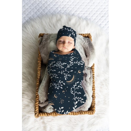 Bohemian Celestial Baby Boy or Girl Swaddle Set, Moon & Stars Headband / Bow, Cosmic Beanie Hat, Boho Newborn Shower Gift, Receiving Blanket