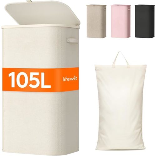 Lifewit 105L Laundry Basket with Lid, Large Laundry Hamper with Plastic Handles and Removable Bag, Foldable Tall Dirty Clothes Hampers for Laundry for Laundry Room, Bedroom, Bathroom, Dorm, White