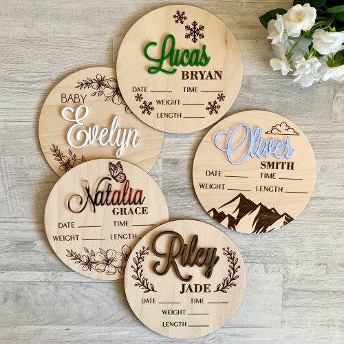 Baby Announcement Signs | Custom Name & Birth Stats Plaque | Personalized Newborn Board | Five Design Options