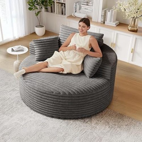 50" Oversized Round Chair, Boneless Corduroy Lounge Chair with Deep Seat, Single Chaise for Living Room Bedroom, No Assembly Required (Grey)