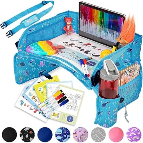 PILLANI Kids Travel Tray for Car - Road Trip Activities for Kids - Car Seat Tray for Kids Travel w/ Activity Sheets, Pens & Dry Erase Board - Toddler Road Trip Essentials & Car Accessories for Kids