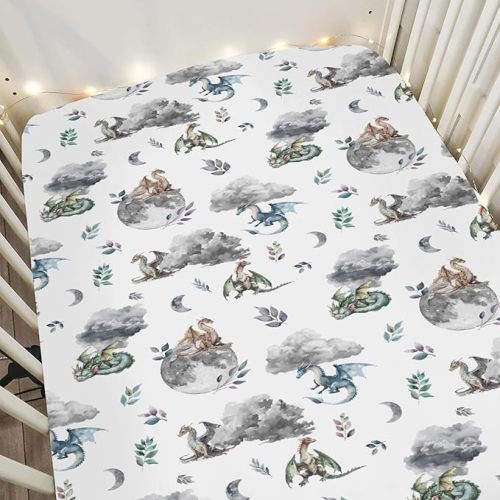 Fairytale Dragons Baby Crib Sheets for Boy Girl 28"x52" Cute Dragon Moon Stars Clouds Trees Eggs Soft Snug Fitted Crib Mattress Cover Fantasy Animal Baby Sheet for Standard Crib & Toddler Mattress