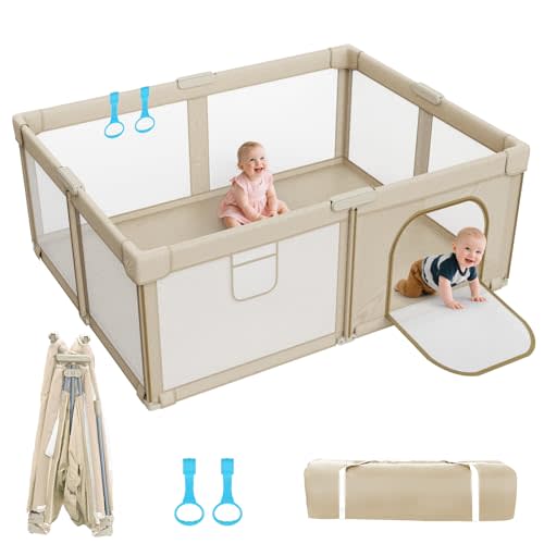 Foldable Baby Playpen: 71” x 59” Large Playpen for Babies and Toddlers - Portable Play Pen for Babies with Breathable Mesh & 2 Pulling Handle - Baby Play Yard for Outdoor & Indoor
