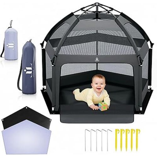 Pop-Up Playpen for Babies & Toddlers Foldable with Canopy (UPF 50), Self-Inflating Playmat, Wind Shade & Carry Bag Durable Baby Beach Tent, Outdoor