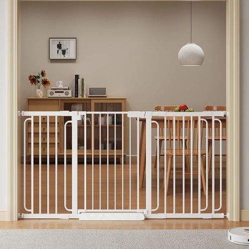 Extra Wide Baby Gate with Door 53.4-62 Inch Pressure Mounted, Auto Close Child Baby Gates for Doorways No Drill, Walk Through Dog Gate Indoor for The House, White