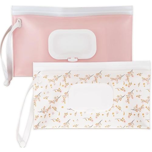 Wipe Dispenser and Wipes Container, 2 Pack Reusable Wipes Holder and Travel Wipes Case, Refillable Pouch for Baby Essentials, blush& bow Design (Blush)
