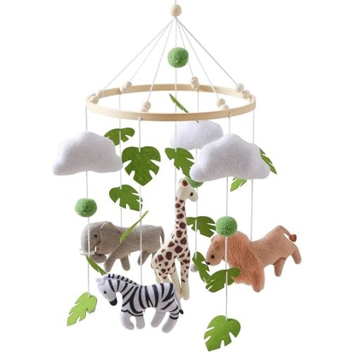 Moyii Baby Crib Mobile for Nursery - Handmade Felt Safari Animals Hanging Mobile - Giraffe Elephant Zebra Lion Ceiling Decor for Boys Girls - Leaf Jungle - Newborn Baby Shower Gift