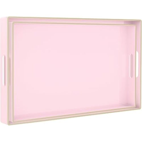 Pink Serving Tray with Handles, Plastic Decorative Tray Set of 2