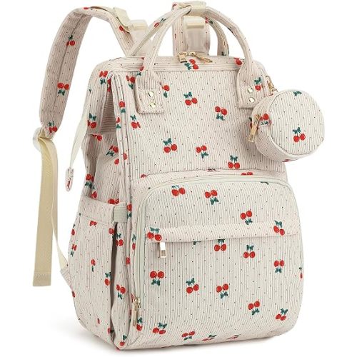 Corduroy Diaper Bag Backpack, Large Capacity Multifunction Baby Diaper Bags for Women, Insulated Bottle Pockets & Pacifier Case, Stylish Travel Nappy Changing Bags for Mom Dad (Cherry)