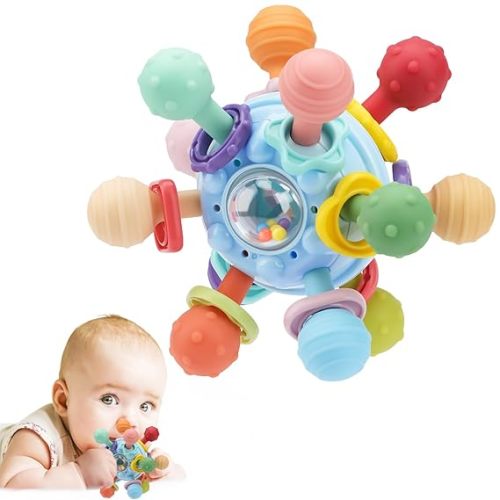 Baby Montessori Sensory Teething Toy 0-6 6-12 Months, Teether Ball & Rattle | 12 Textured Silicone Teething Ball, BPA Free, Easy to Hold, Infant Developmental Toys for 3 6 9 12 Months, Newborn Gifts