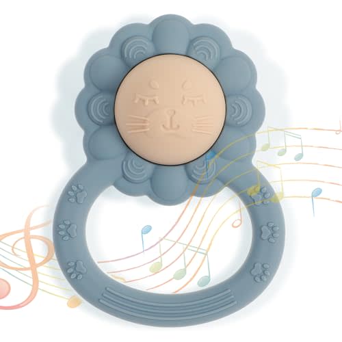 Rattle Teether, Lion Shape Montessori Baby Sensory Teething Toys, Food Grade Silicone BPA Free, Newborn Essentials Must Haves (Shifting Sand Ether)