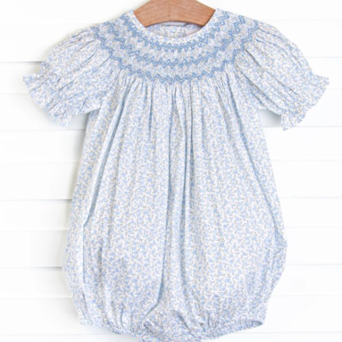 Blue Blooms Puff Sleeve Smocked Bubble, White – Stitchy Fish