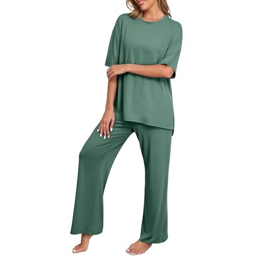 PrinStory Womens Pajamas Sets 2 Piece Lounge Set Short Sleeve Tops and Long Pants Soft Pjs Loungewear with Pockets
