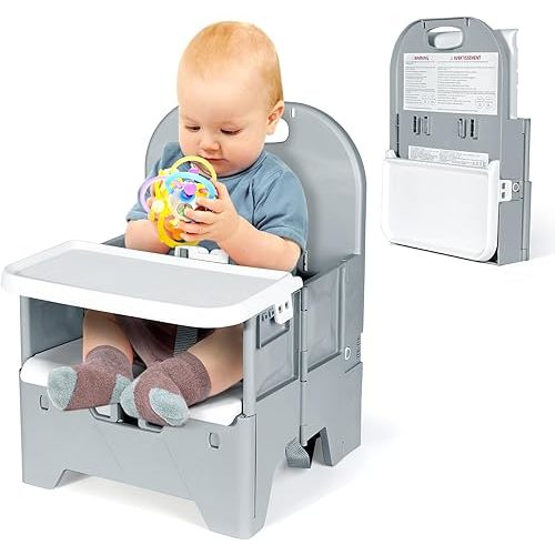 Orzbow Foldable Booster Seat with Dining Tray for Baby, Dining Table, Camping, Beach and Family Visits, Portable Kitchen Booster Chair, Baby Chair for Travel, 6-36 Months Up to 15 kg Toddler, Grey