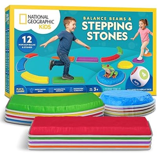 National Geographic Kids Stepping Stones & Balance Beams – 12 Piece Obstacle Course for Kids Ages 3+ with Foam Dice, Play & Learn Cards, Non-Slip Rubber Base, Toddler Indoor & Outdoor Active Play Set