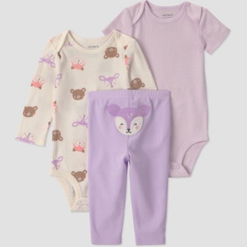 Carter's Just One You® Baby Girls' 3pc Woodland Animal Printed Bodysuit and Leggings Set - Lilac 3M