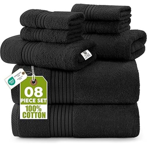 Utopia Towels 8 Piece Premium Towel Set, 2 Bath, 2 Hand, and 4 Washcloths, 100% Ring Spun Cotton, Highly Absorbent Towels for Bathroom, Sports, and Hotel, Black