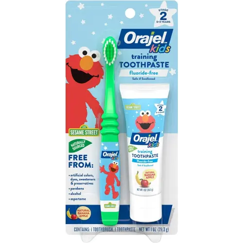Orajel Elmo Fluoride-Free Tooth & Gum Cleanser with Toothbrush, Combo Pack, Banana Apple Flavored Non-Fluoride, 2 Piece Set