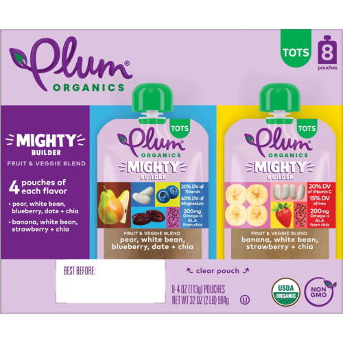 Plum Organics® Tots Mighty Builder Fruit & Veggie Blend Pear, White Bean, Blueberry, Date + Chia & Banana, White Bean, Strawberry + Chia 4oz Pouch-8-Pack