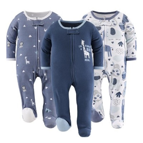 The Peanutshell Blue Safari Footed Baby Sleepers for Boys, 3 Pack, Newborn, Blue