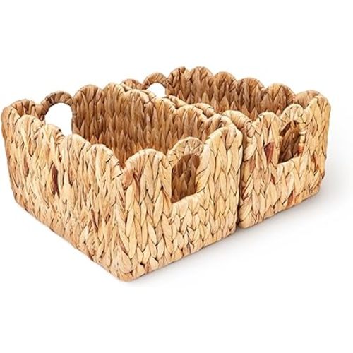ByteX Scalloped Basket Set (2 Large Baskets) Water Hyacinth Wicker Storage Baskets for Nursery & Kids Books | Decorative Scalloped Edge Rattan Style Book Basket for Toys, Shelves & Decor