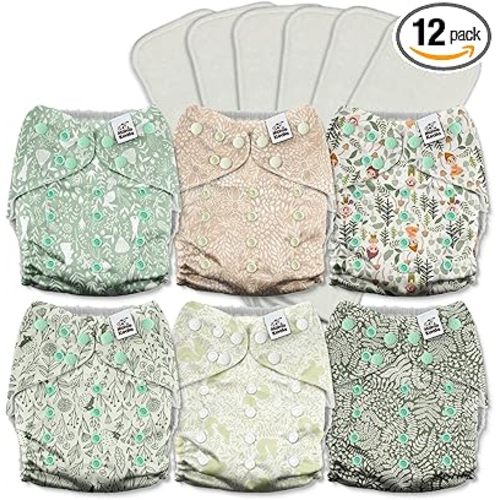 Mama Koala 3.0 Cloth Diapers for Babies with AWJ Lining, 6 Pack with 6 5-Layer Natural Cloth Diaper Inserts - Reusable and Washable Pocket Diapers(A-Spring Sprouts)