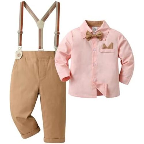 Boarnseorl Baby Boys Pants Sets, Infant Long Sleeve Shirt + Pants + Bow Tie + Suspenders Outfits