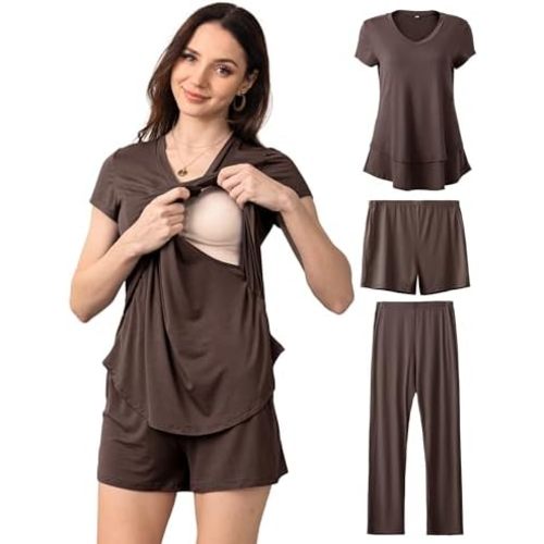 SUNNYBUY 3 PCS Maternity Breastfeeding Pajamas Set, Hidden Nursing Tops, Adjustable Pregnancy Shorts & Pants Postpartum PJS