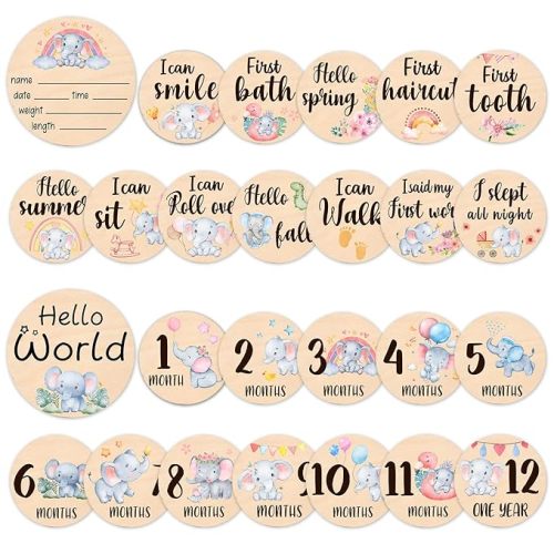 Baby Monthly Milestone Cards Signs - 13 Double Sided Little Elephant Milestone Cards, "Hello" Wooden Circles Discs for Photo Props Elephant Newborn Announcement Marker, Baby Shower Newborn Sign Gift