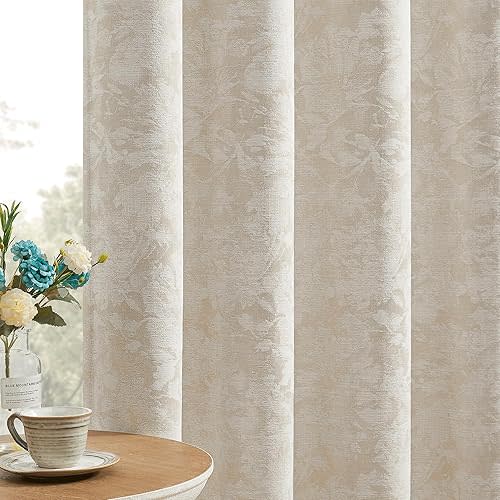 Beauoop Beige Floral Jacquard Blackout Curtains 84 Inches Long 2 Panels for Bedroom Living Room Chenille Flower Room Darkening Thermal Insulated Soundproof Rod Pocket Back Tab Window Drapes, 52x84