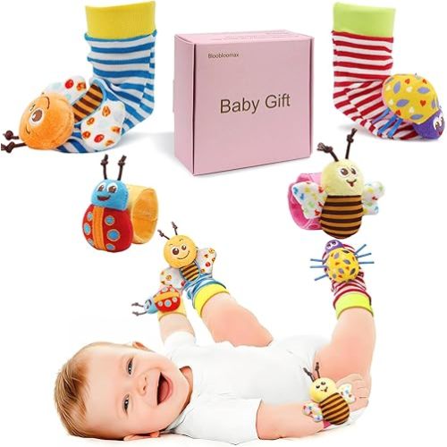 Bloobloomax Baby Wrist Rattle Socks and Foot Finder Set for 0-24 Month, Infant Girl Boy Toys Newborn Hand & Foot Toys for 0 to 24 Months, Baby Shower Gifts Set with Wrist Rattle Socks (Pink Gift Box)
