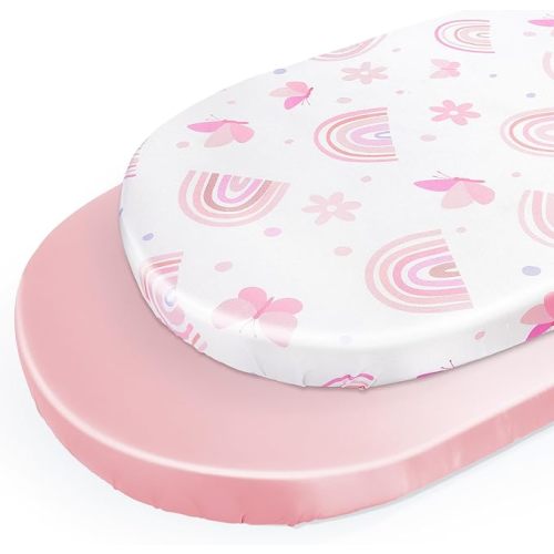 Unicorn Castle Satin Bassinet Sheets Baby 2 Pack Soft for Baby Hair Skin Fitted Bedside Bassinet Sheets for Newborn for Oval Rectangle Hourglass Bassinet Mattress,White Butterfly- Pink