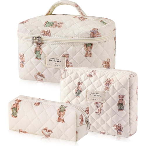 3 Pcs Cotton Quilted Makeup Bag Set, Floral Cotton Cosmetic Bag, Aesthetic Toiletry Travel Organizer Bag for Women