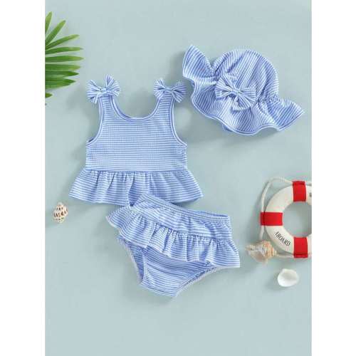 Baby Girls 3Pcs Swimsuits Sleevess Halter Tank Top+Bikini Layered Ruffle Short+Sun Hat Infant Girls 3Pcs Striped Bathingsuit Swimwear Toddler Cute Bikini Set Beachwear | SHEIN USA