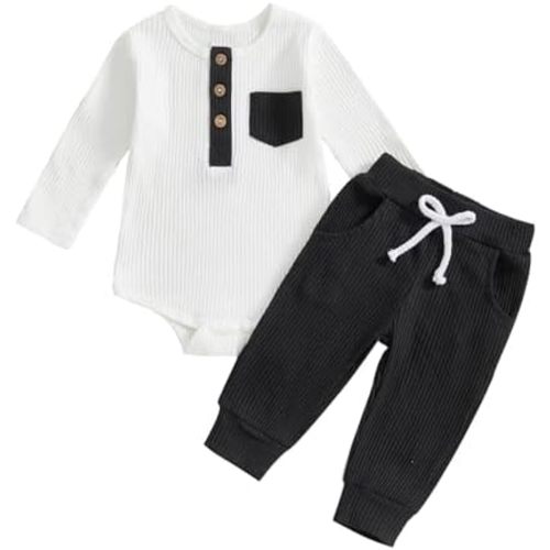 fhutpw Baby Boy Clothes 3 6 12 18 Months Ribbed Knitted Long Sleeve Romper and Pants Sets Newborn Fall Splicing Color Outfits