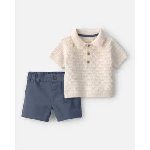 Baby Boy 2-Piece Collared Shirt & Short Set - Cream/Blue | Carter's